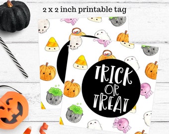 Printable halloween gift tag, square tag, trick or treat, kawaii design, 2 x 2 inch tag, fall, autumn cookie tag, gift tag