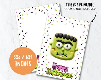 Tarjeta de galletas de Halloween imprimible, empaque de galletas espeluznantes de color púrpura y verde, descarga digital de tarjeta de galletas