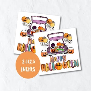May include: Two 2.5x2.5 inch square stickers with a purple car filled with Halloween treats and the text "Happy Halloween".