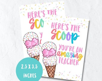 Teacher appreciation printable tags, here's the scoop you're an amazing teacher, ice cream gift tag, pto tag