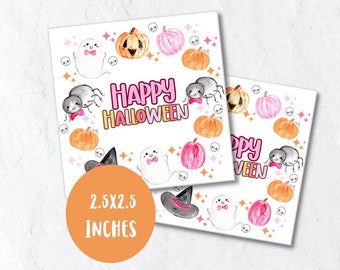 Halloween pink printable gift tag, Happy Halloween pink square tag, treat bag label,