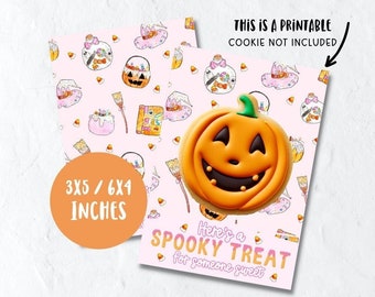 Aquí hay un regalo espeluznante como alguien dulce, tarjeta de galletas de Halloween imprimible, tarjeta de embalaje de galletas de Halloween rosa, descarga digital