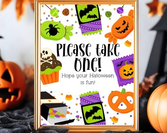 Letrero de puerta imprimible de dulces de Halloween, letrero imprimible de 8 x 10 pulgadas para pedir dulces, tome uno