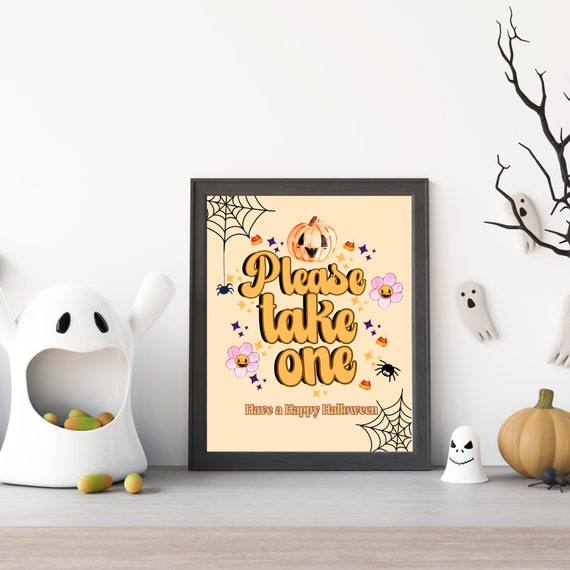 Retro halloween candy sign, digital download halloween wall art printable, please take one sign, trick or treat sign