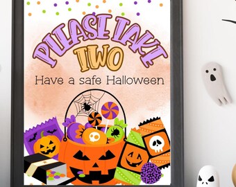 Letrero de Halloween con texto "Por favor, tome dos dulces", letrero de dulces de Halloween de 8 x 10 pulgadas, letrero de puerta para pedir dulces.