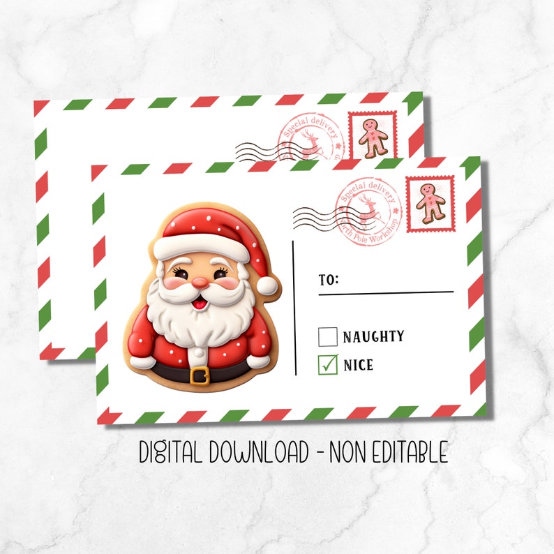 Christmas postcard cookie card, cookie printable, Santa mail card, digital download holiday gift printable image 1