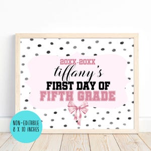 Placa com foto do primeiro dia de aula, placa editável de volta às aulas, placa do primeiro dia da quinta série, suporte para foto para download digital