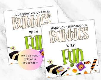 May include: Two square Halloween-themed cards with the text "Hope your Halloween is Bubbles with Fun." The cards are 2.5 x 2.5 inches and feature Halloween candy and a black box with candy inside.