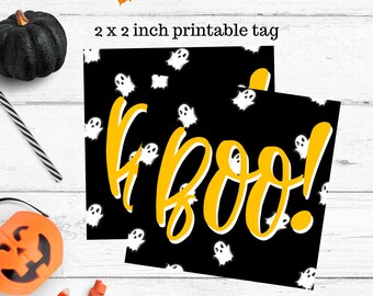 Halloween square tag, black and orange boo ghost gift tag, 2 x 2 inch square tag printable