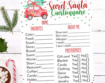 Secret santa questionnaire printable, gift survey, christmas questionnaire printable