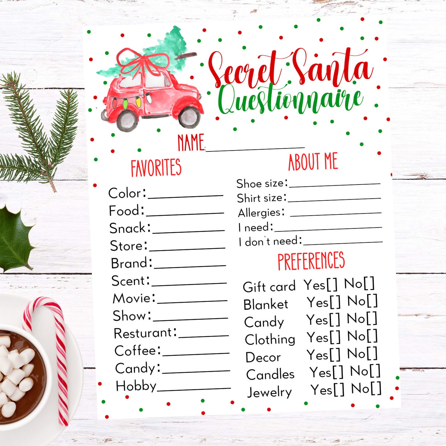 Secret Santa Questionnaire Printable, Gift Survey, Christmas Questionnaire Printable Etsy