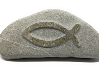 Symbol Stone Fish, Palm Stone, Engraving with 3D Effect