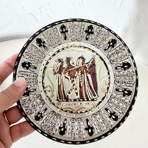 Egyptian Brass Wall Hanging Plate – Decorative Pharaonic Scene with Goddesses & Hieroglyphics