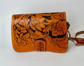Brown tanned Natural Leather cross body bag for women, floral messenger bag for her,women 39 s satchel Handmade with Genuine Natural Leather