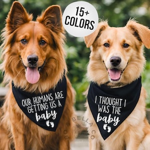 Peut inclure: Deux chiens portant des bandanas noirs avec du texte blanc. L'un des bandanas indique "OUR HUMANS ARE GETTING US A baby" et l'autre "I THOUGHT I WAS THE baby". Un cercle blanc avec "15+ COLORS" est en haut à droite.