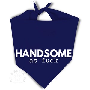 May include: A navy blue dog bandana with the text "HANDSOME as fuck" in white. The bandana is tied at the top and features a logo in the bottom left corner.