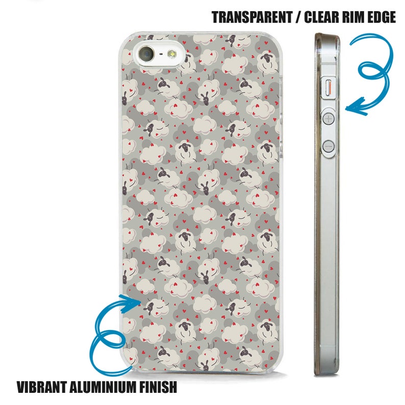 New cute sheep and hearts pattern art clear rim hard back phone case fits all apple iPhone models.