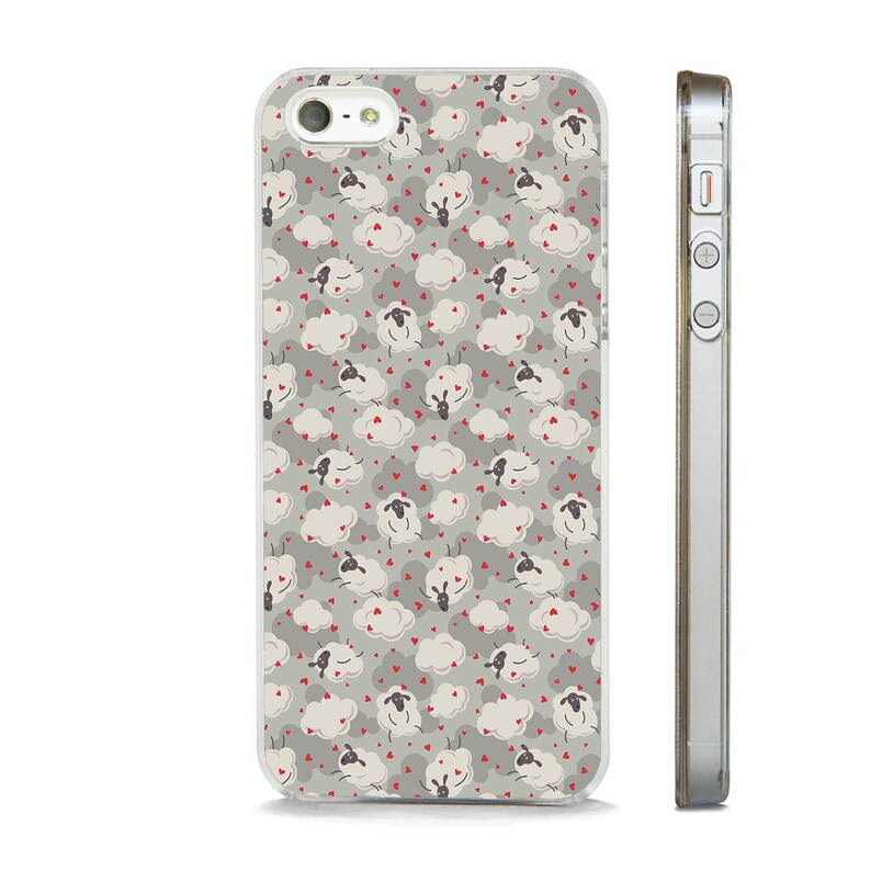New cute sheep and hearts pattern art clear rim hard back phone case fits all apple iPhone models.