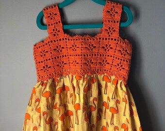 Girls Orange and Yellow Handmade Dress; Hand-knit Top and Cotton Flamingo Bottom 3T Toddler