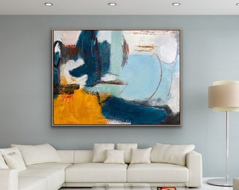 Abstract Painting Original Large Acrylic Canvas Wall Art, Expressionism Blue Modern Painting Wall Art on Canvas "Fidelity"