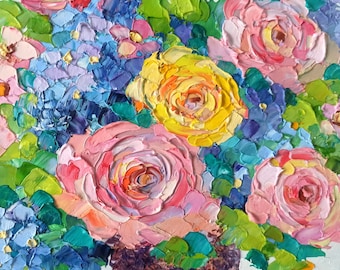 Peonies and Hydrangea Oil Painting 10x10in Flowers Original Art Impasto Artwork by Inna Bebrisa