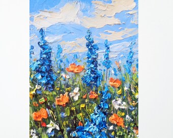 ACEO Original Watercolor Painting-Texas Bluebonnets in Foggy Day and Red BarnATC Landscape Flower Field