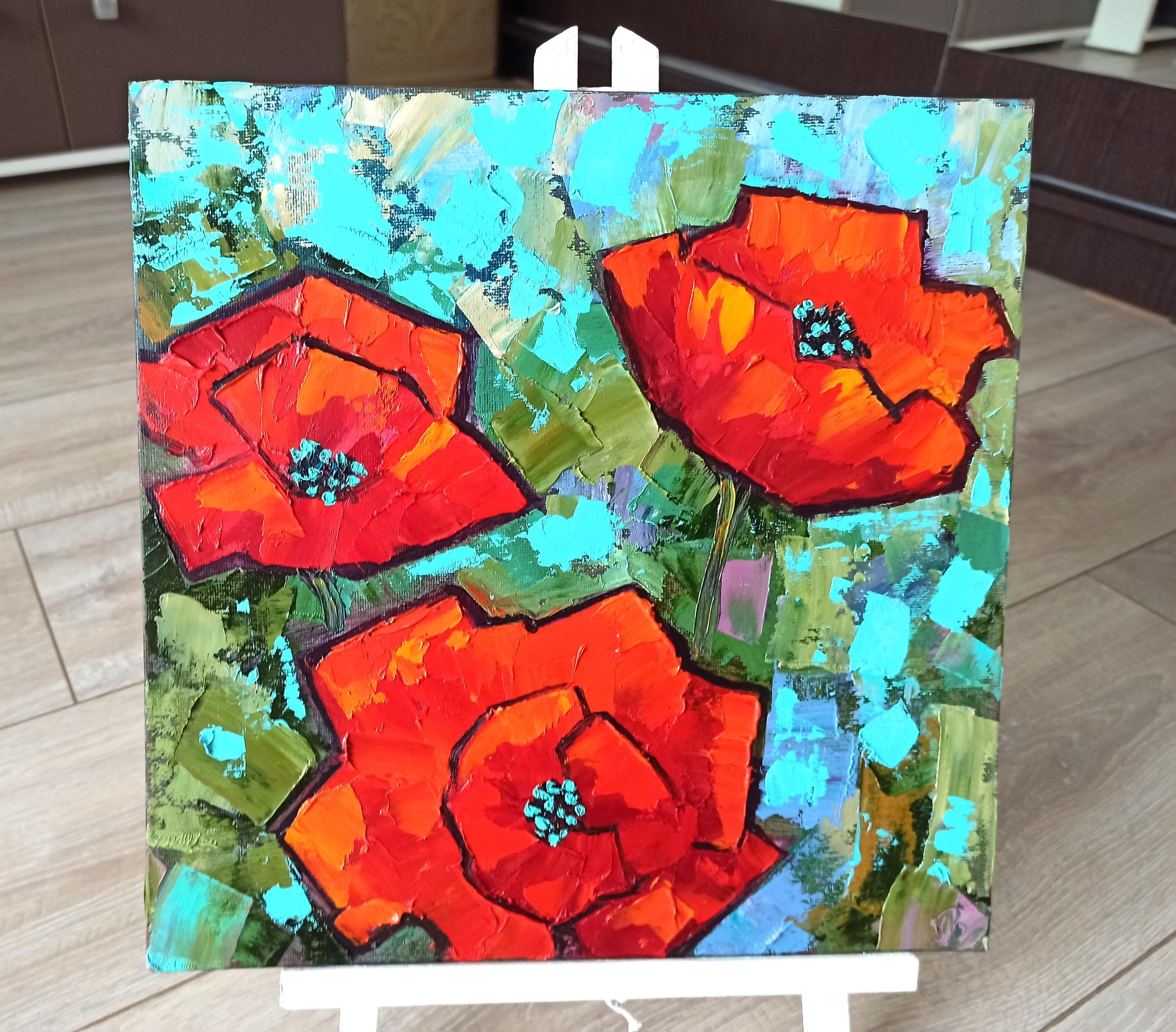 赤いポピー キャンバスボードに油絵 30 x 30 cm 花 オリジナル
