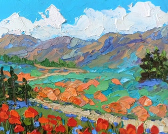 Peinture de coquelicots paysage californien Original Art empâtement peinture à l'huile 20 x 20 cm oeuvre peinte à la main par Inna Bebrisa