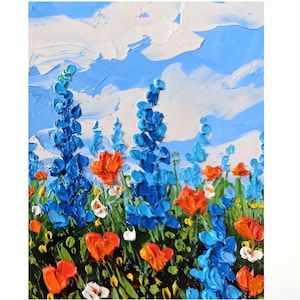 Pintura de flores silvestres Bluebonnet Arte original Pintura a óleo em miniatura Papoulas Impasto Arte 5 x 3,5 pol.