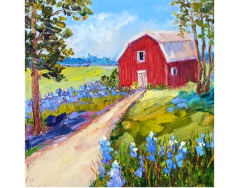 Dipinto a olio su tela "Texas Bluebonnet Field" Impasto, paesaggio di fienile, opera d'arte originale su tela, 30 x 30 cm