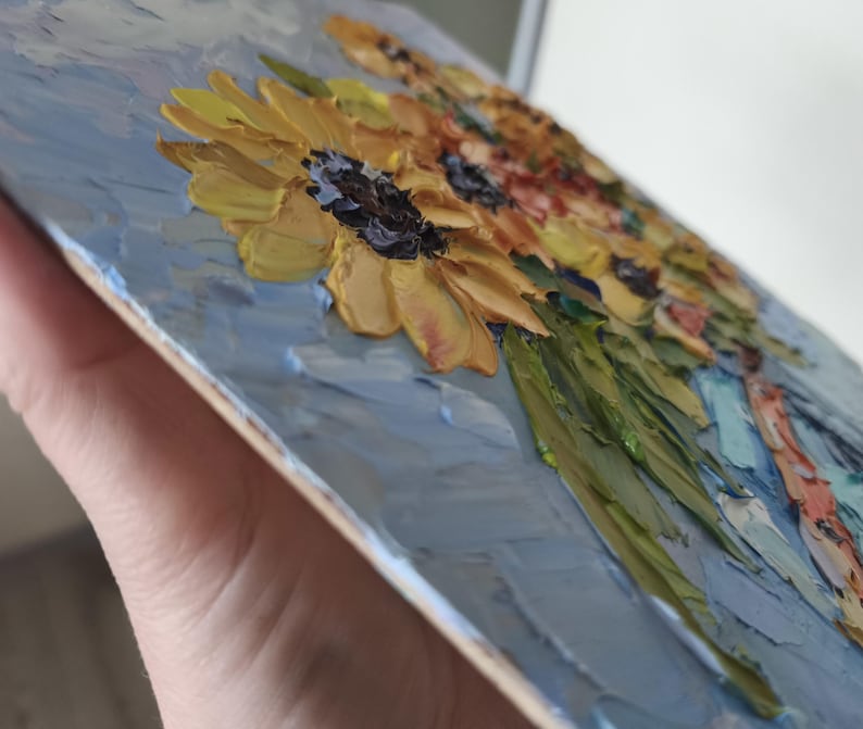 Sunflower Oil Painting Floral Original Art Impasto Artwork 8x8 Inch by ...