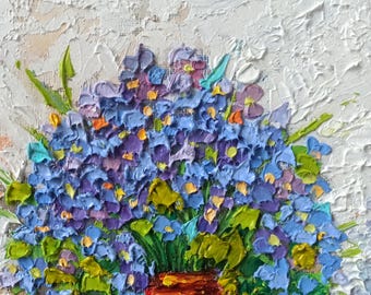 忘れな草の絵画 花 オリジナルアート インパスト 油絵 額入り 4x4