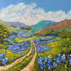 Bluebonnet Texas Landschaftsölgemälde: Impasto Art von Inna Bebrisa