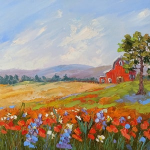 Texas Bluebonnet Field Painting: Impasto Barn Landscape Art