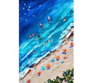 Kalifornien Seelandschaft Malerei Original Art Impasto Ölgemälde 30x20cm Menschen Strand Handgemaltes Kunstwerk