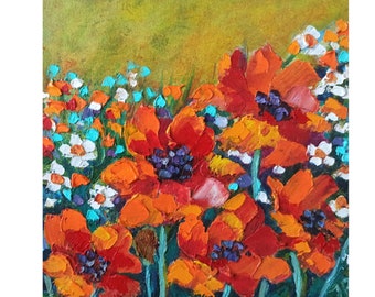 Poppies Oil Painting Flower Original Art Poppy Original Painting Impasto Artwork 20x20cm by IpaintingKR