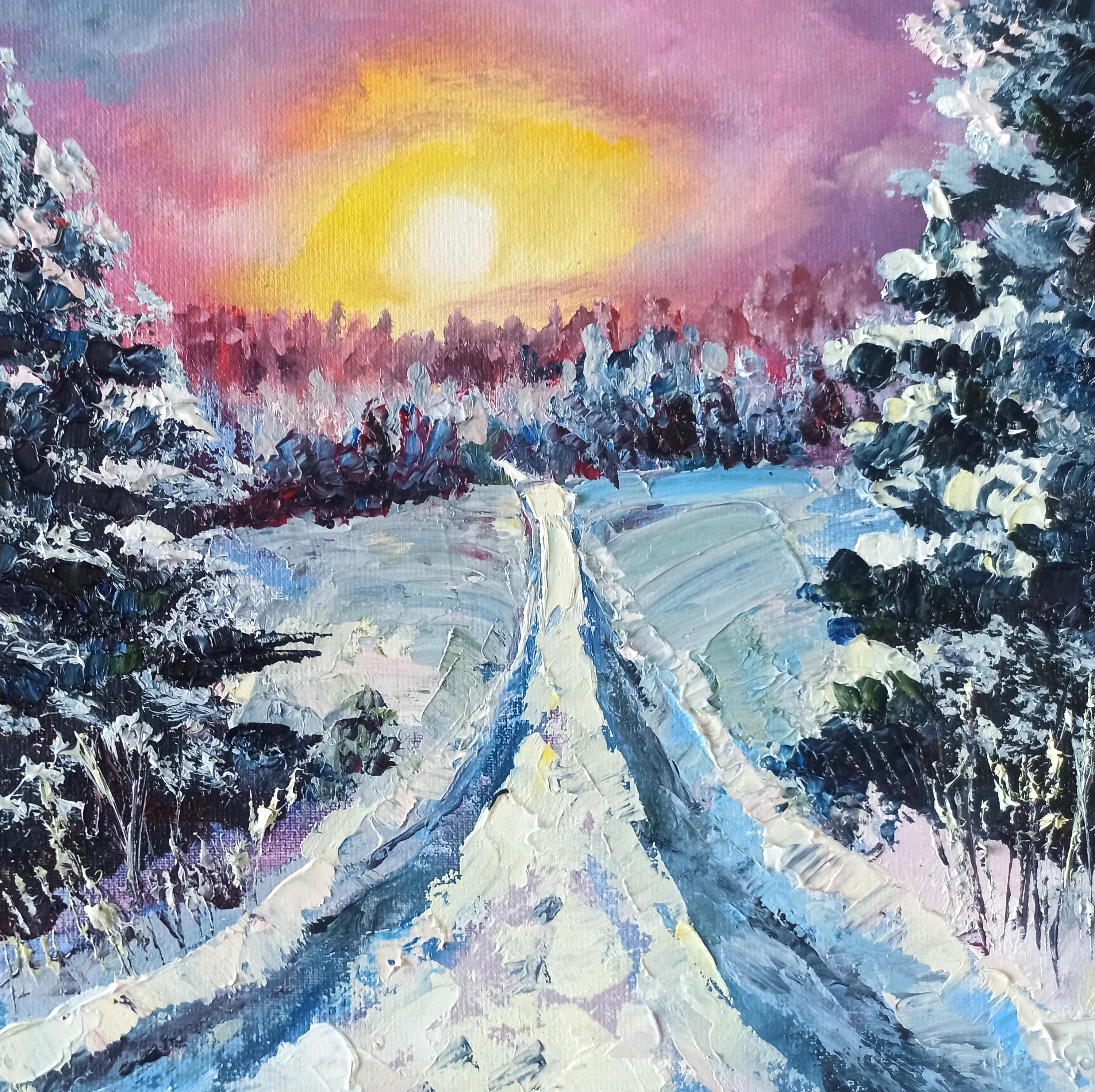 Alaska Oil Painting Landscape Original Art Snow Scene Original Artwork 20x20cm by IpaintingKR