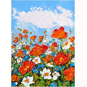 Pintura de papoula Daisy Obra de arte original Flores silvestres Pintura a óleo em impasto 6 x 4 pol por IpaintingKR