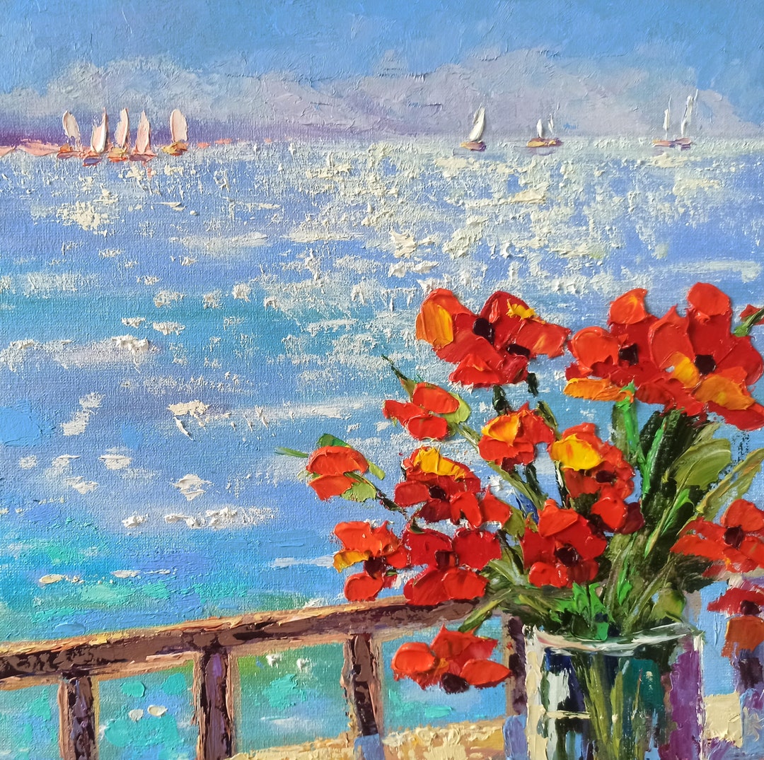 Poppy Oil Painting Seascape Original Art Impasto Painting on Canvas ...