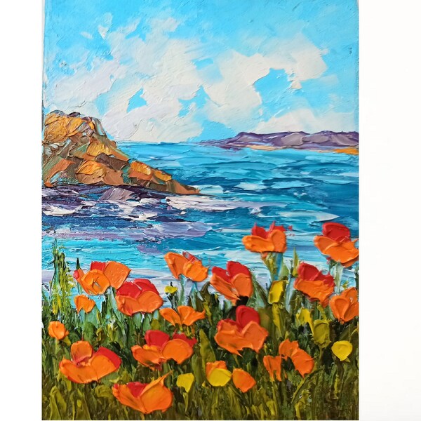 California Painting Seascape Original Art Poppies Oil Painting California Poppies Original Painting 5x3,5in by Inna Bebrisa