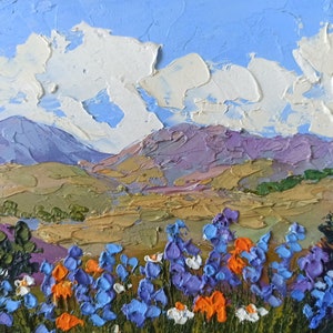 Texas Landschaft Bluebonnet Original Kunstwerk Wildblumen Impasto Ölgemälde 15 x 20 cm