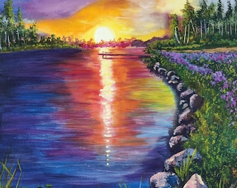 夕焼けの湖 キャンバスに油絵 40 x 30 cm 風景 オリジナルアート