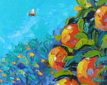 Tangerines Painting Honeybee Original Art Impasto Oil Painting 8x8in Hand Painted Artwork by IpaintingKR