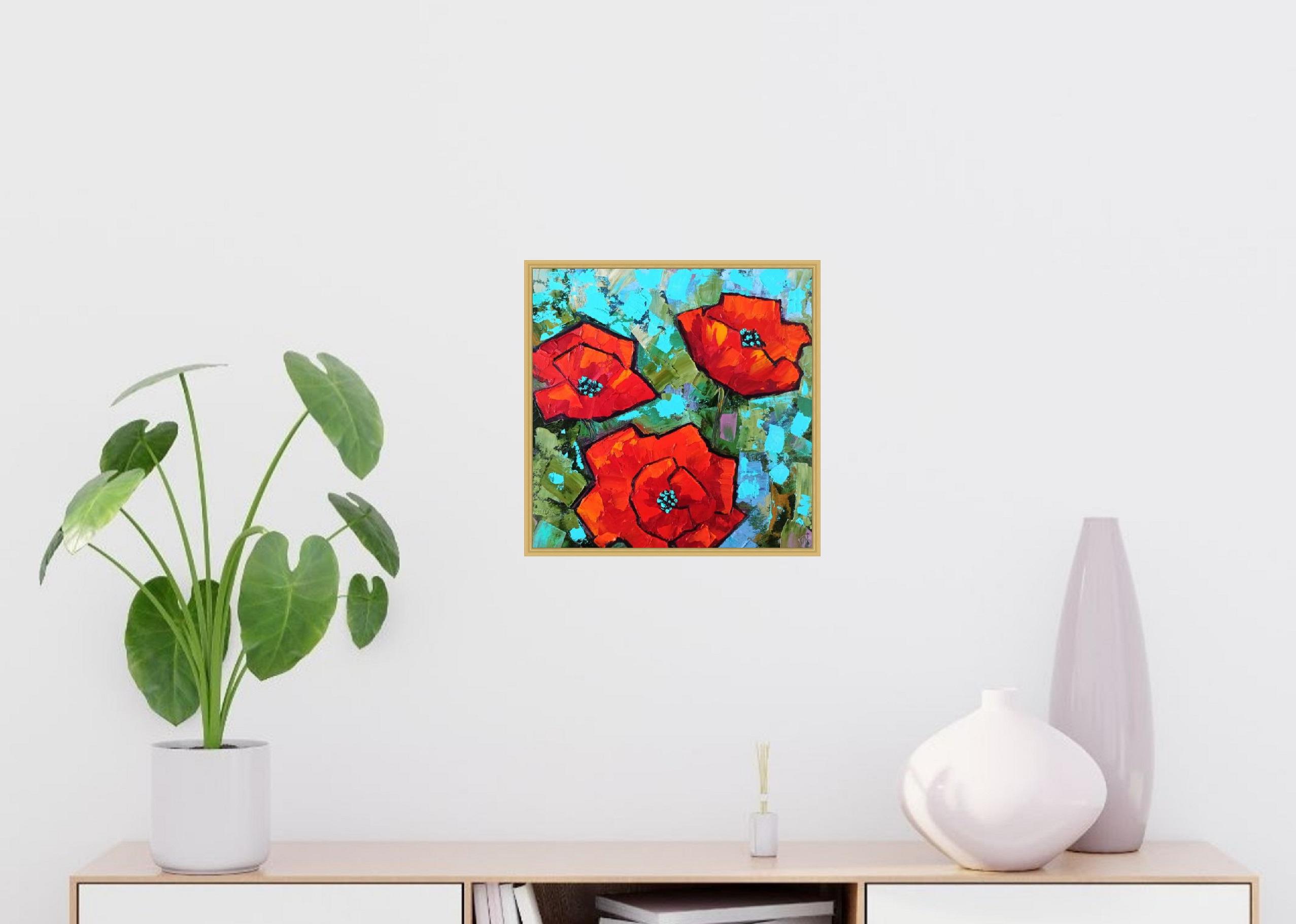 赤いポピーの油彩画 額縁付き 赤いポピーの油彩画 額縁付き 赤いポピーの絵画オリジナル油絵
