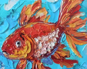 金魚の油絵：インパスト魚アート、質感のある水中風景 - Etsy 日本