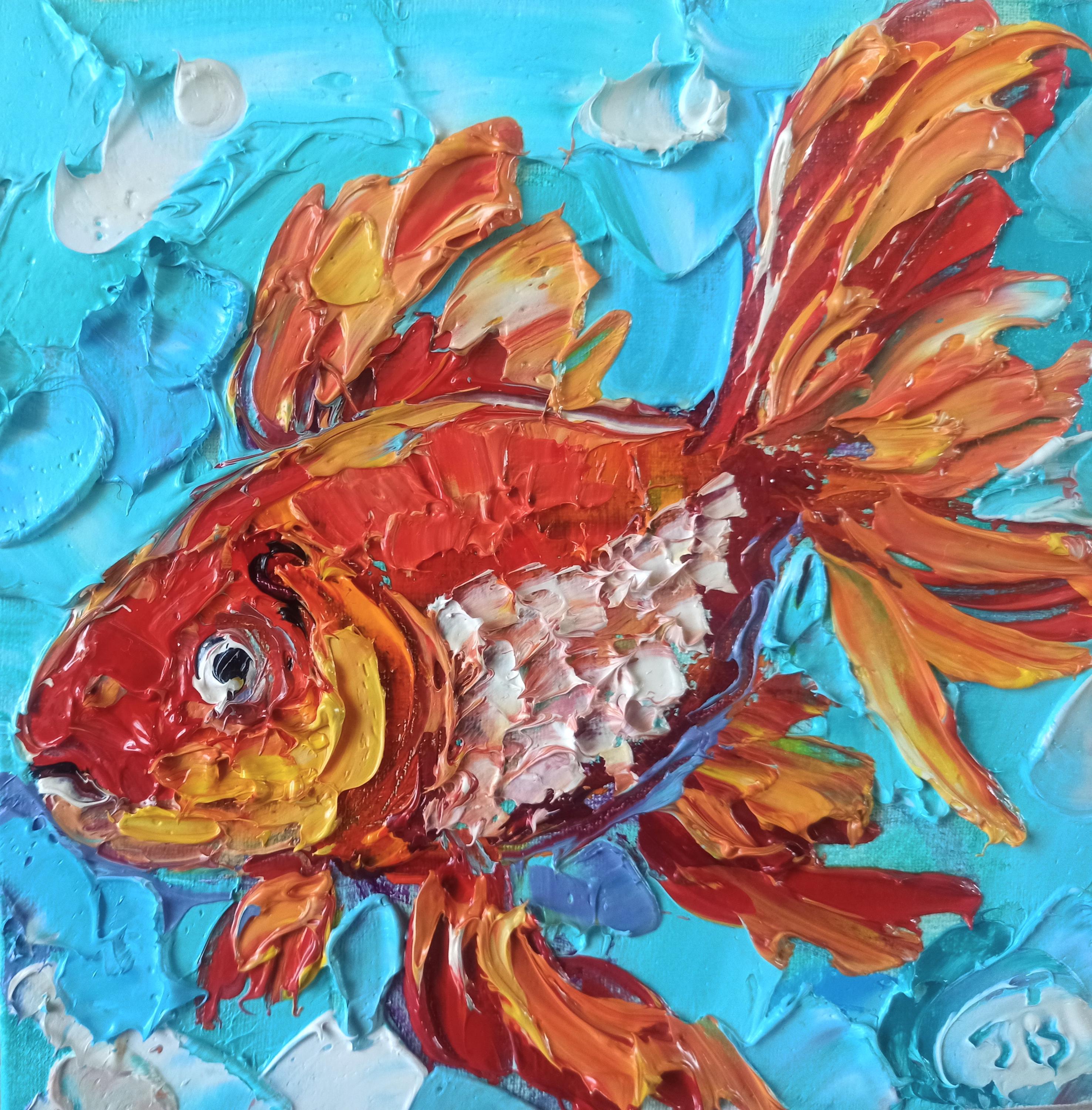 Dipinto ad olio di pesci rossi sott'acqua Arte originale Piccola