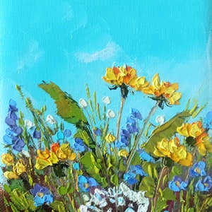 Pintura de dente-de-leão, flores silvestres, arte original, 20 x 15 cm, obra de arte pintada à mão por Inna Bebrisa