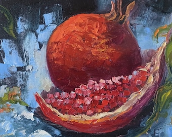 Granatapfel Malerei Obst Original Art Impasto Ölgemälde auf Leinwand Bord 20x20cm Handgemaltes Kunstwerk von Inna Bebrisa