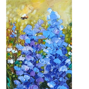 Bluebonnet Painting Flower Original Artwork Impasto Oil Painting Honeybee Original Painting 7x5in
