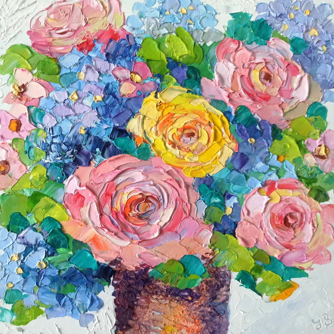 Peonies and Hydrangea Oil Painting 10x10in Flowers Original Art Impasto ...